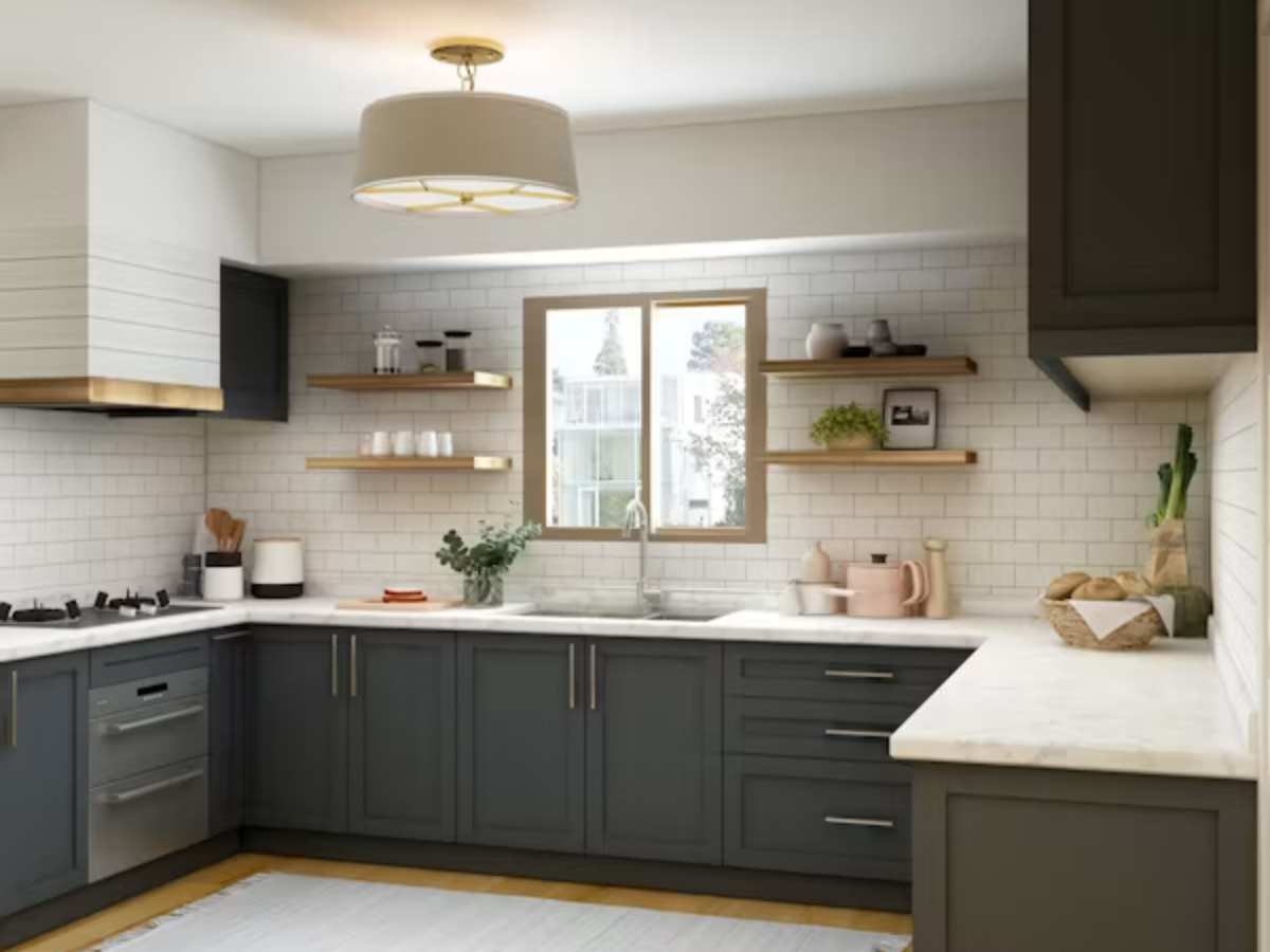 Charcoal grey farmhouse modular kitchen with subway tile backsplash by Splendid Interio