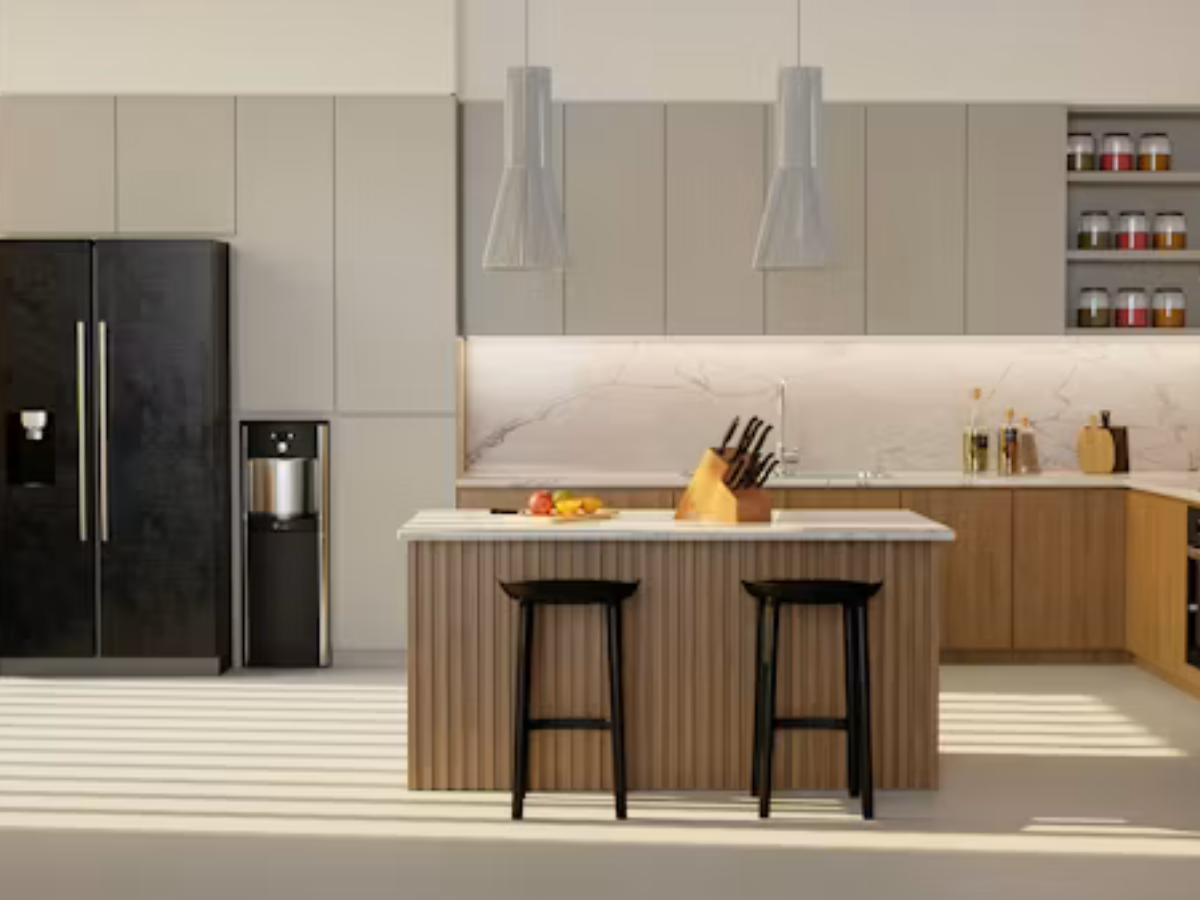 Grey and wood modular kitchen with fluted island and black fridge by Splendid Interio