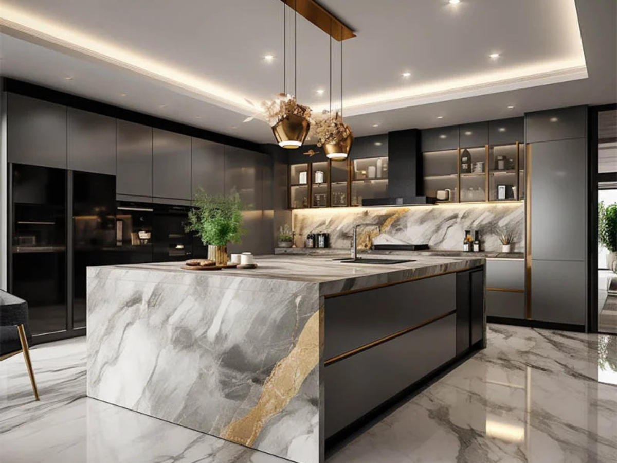 Luxury modular island kitchen with black cabinets and grey gold marble countertop by Splendid Interio