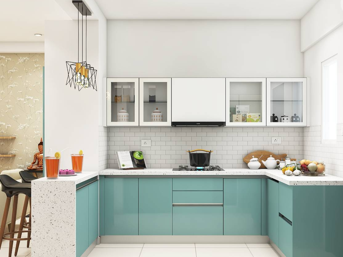 Teal Glossy Kitchen with Breakfast Bar